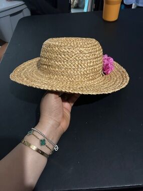 Straw Sun Hat with Pink Flower Accent